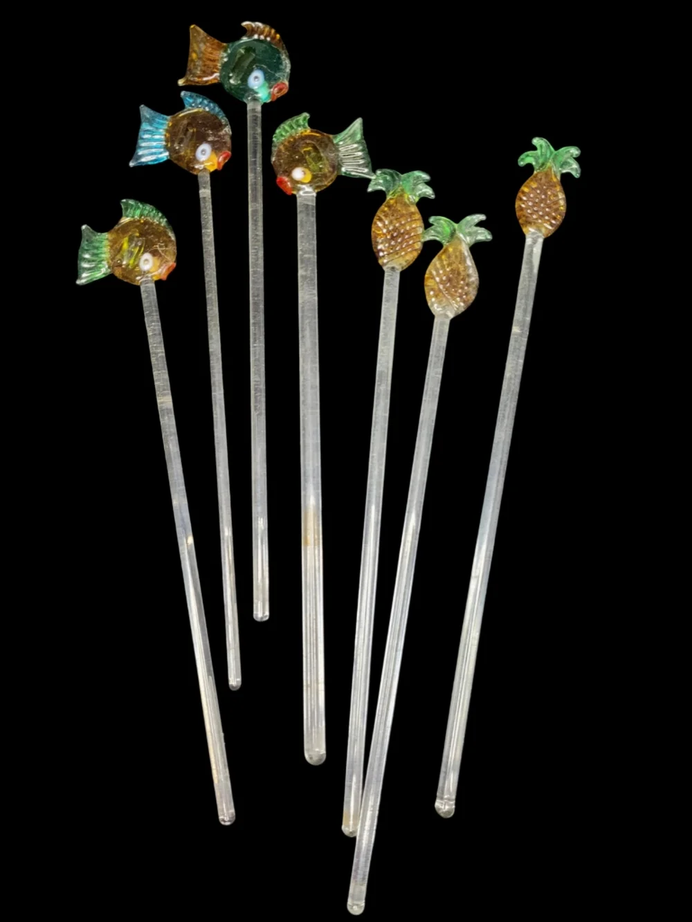Vintage Tropical Handblown Glass Fish & Pinapple Cocktail Swizzle Stirrers